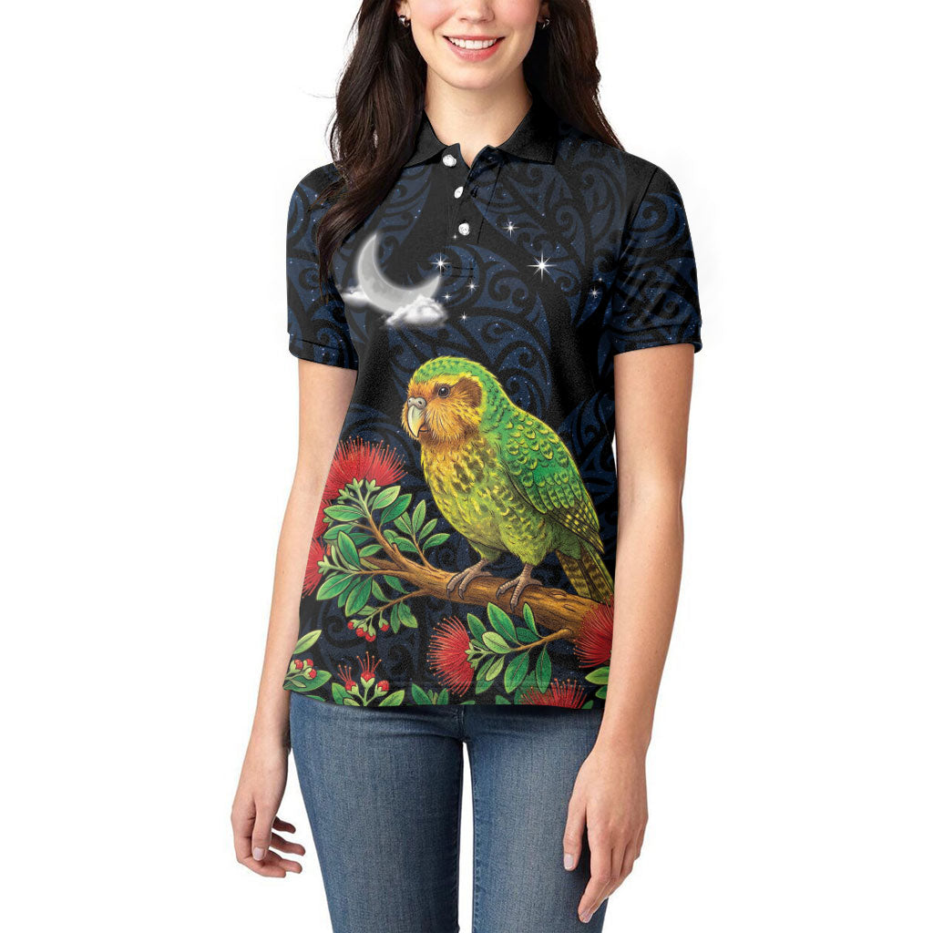New Zealand Kakapo Matariki Personalised Women Polo Shirt Pohutukawa Flower Galaxy Maori Pattern