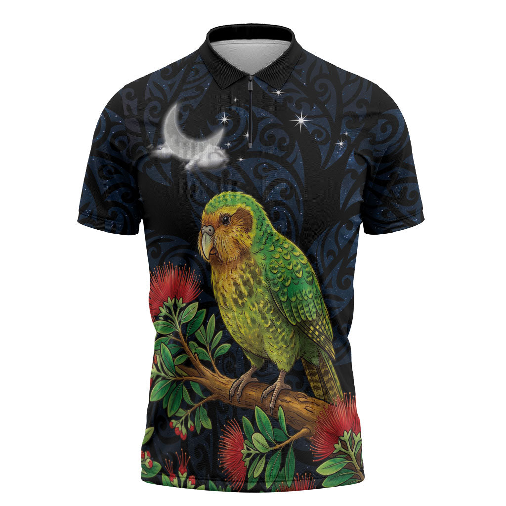 New Zealand Kakapo Matariki Personalised Zipper Polo Shirt Pohutukawa Flower Galaxy Maori Pattern