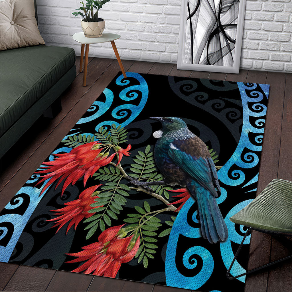 Tui Bird Kakabeak New Zealand Area Rug Clianthus Galaxy Maori Koru Pattern LT22 Blue - Polynesian Pride