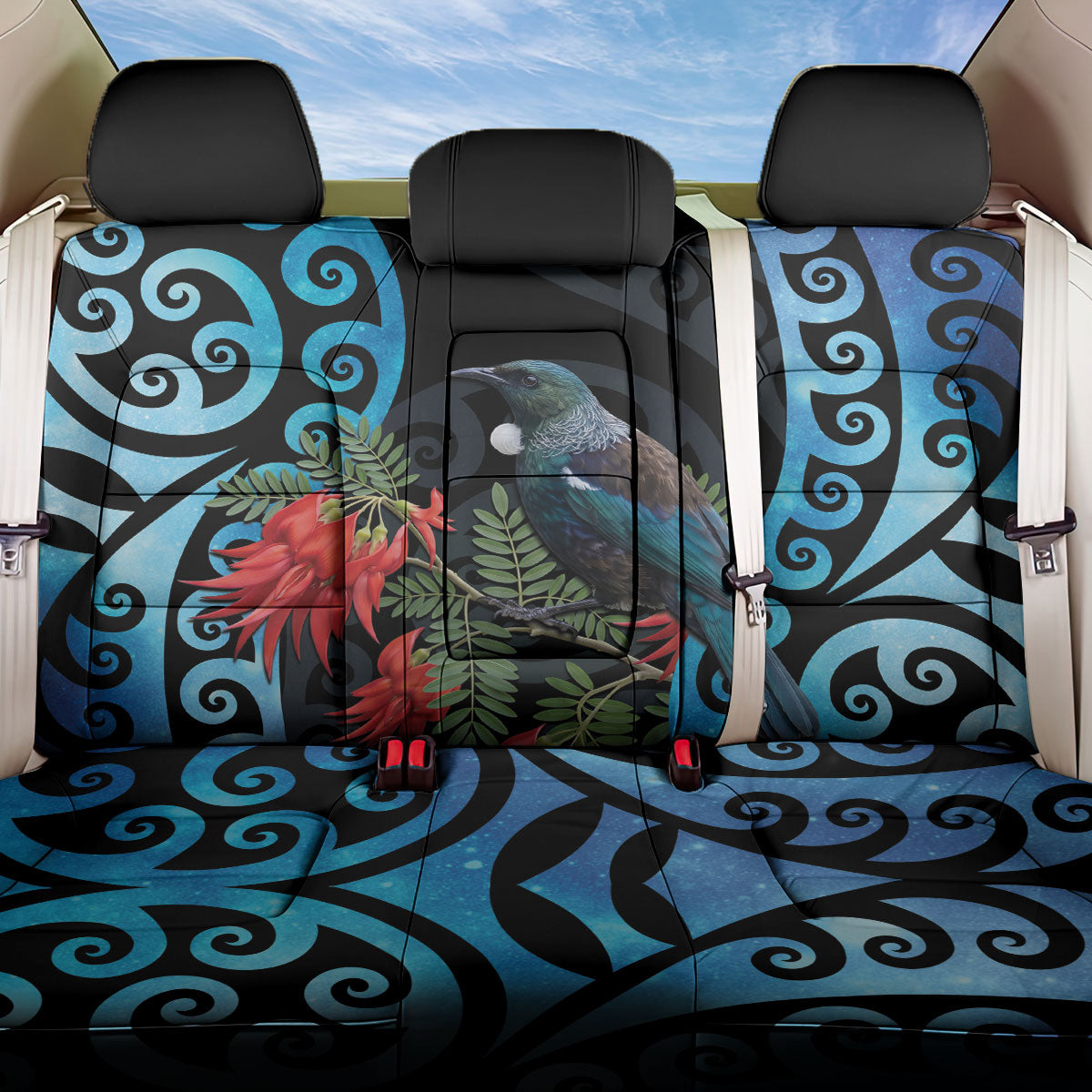 Tui Bird Kakabeak New Zealand Back Car Seat Cover Clianthus Galaxy Maori Koru Pattern LT22 One Size Blue - Polynesian Pride