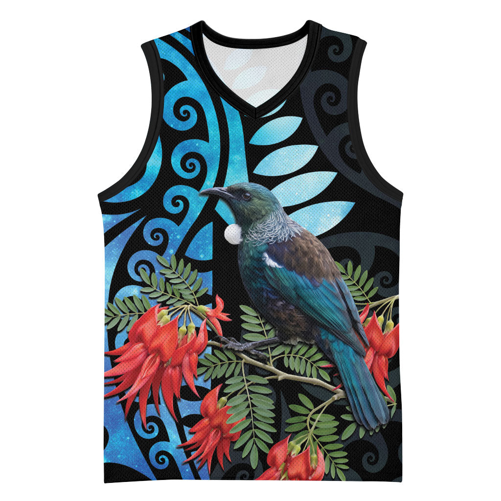Tui Bird Kakabeak New Zealand Basketball Jersey Clianthus Galaxy Maori Koru Pattern LT22 Unisex Blue - Polynesian Pride