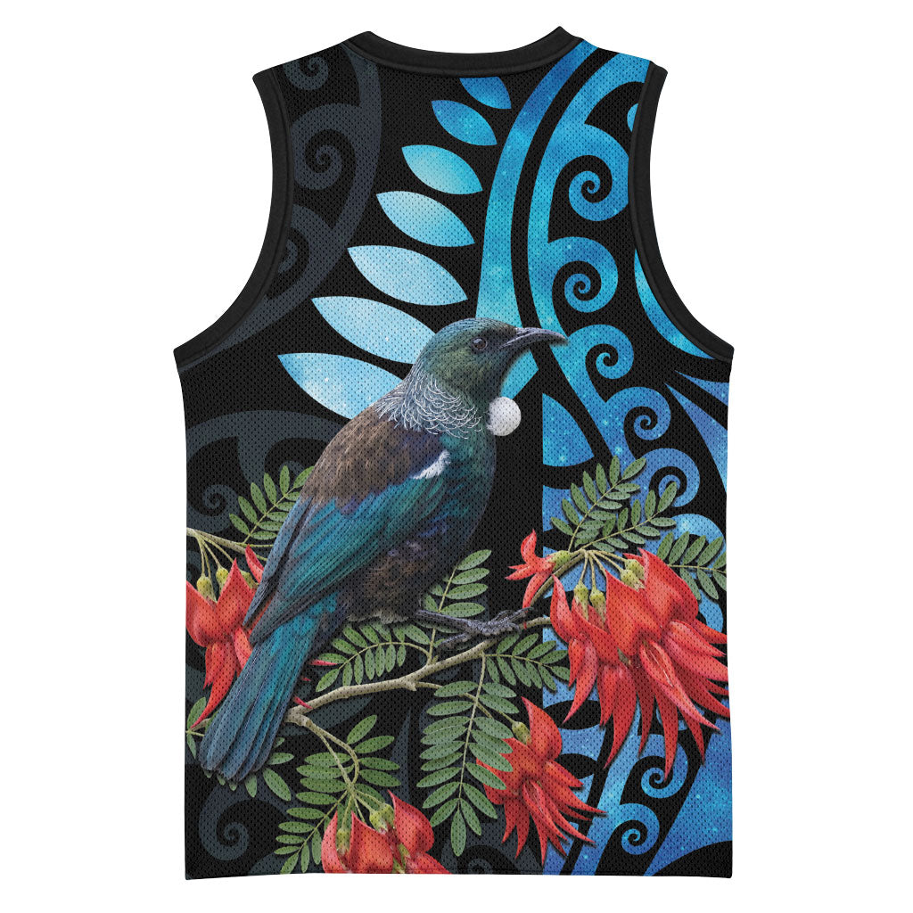 Tui Bird Kakabeak New Zealand Basketball Jersey Clianthus Galaxy Maori Koru Pattern LT22 - Polynesian Pride