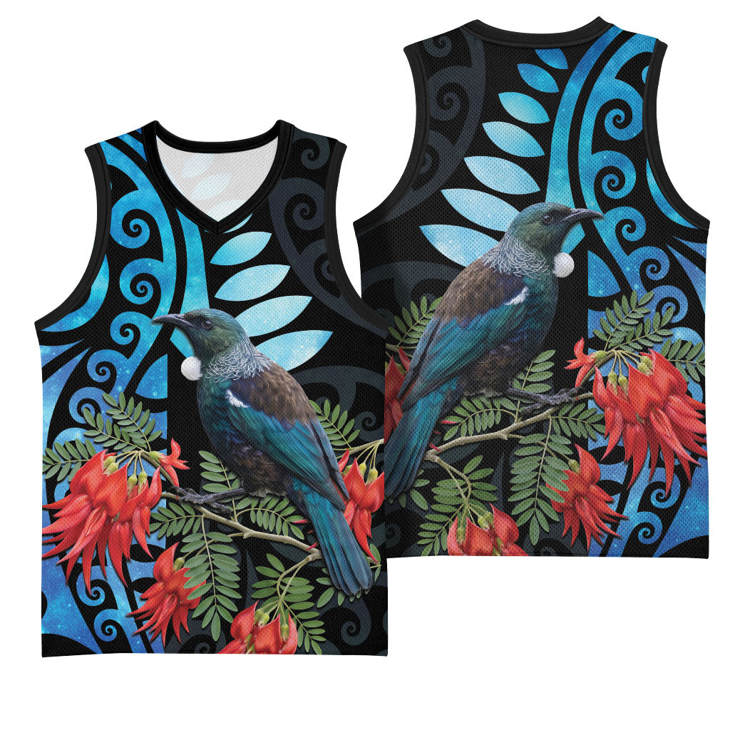 Tui Bird Kakabeak New Zealand Basketball Jersey Clianthus Galaxy Maori Koru Pattern LT22 - Polynesian Pride