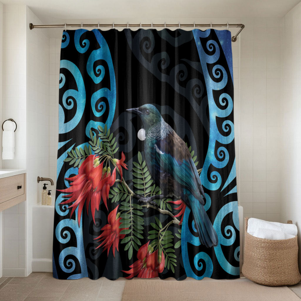 Tui Bird Kakabeak New Zealand Bathroom Set Clianthus Galaxy Maori Koru Pattern LT22 Shower Curtain Only Blue - Polynesian Pride