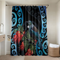 Tui Bird Kakabeak New Zealand Bathroom Set Clianthus Galaxy Maori Koru Pattern LT22 Shower Curtain Only Blue - Polynesian Pride