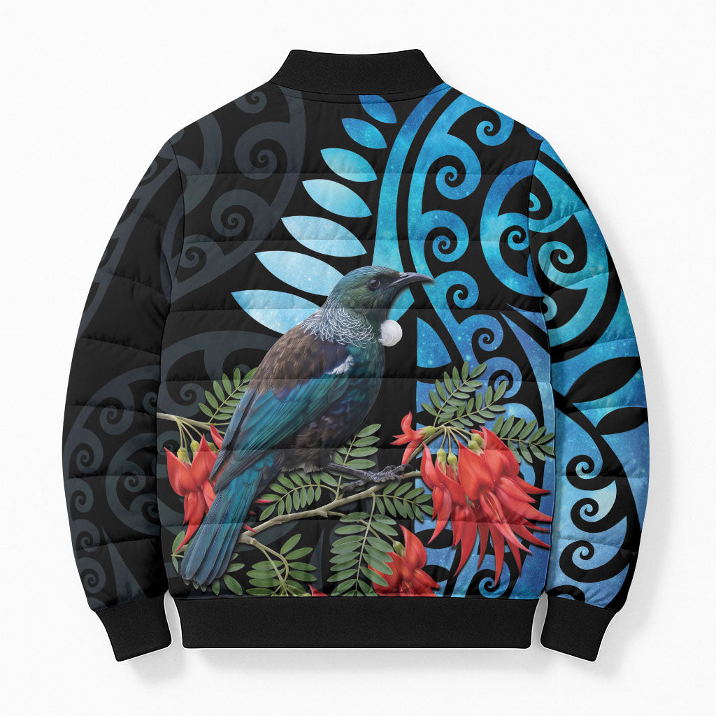Tui Bird Kakabeak New Zealand Bomber Puffer Jacket Clianthus Galaxy Maori Koru Pattern LT22 - Polynesian Pride