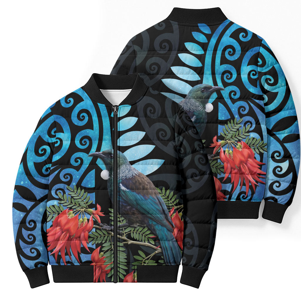 Tui Bird Kakabeak New Zealand Bomber Puffer Jacket Clianthus Galaxy Maori Koru Pattern LT22 - Polynesian Pride