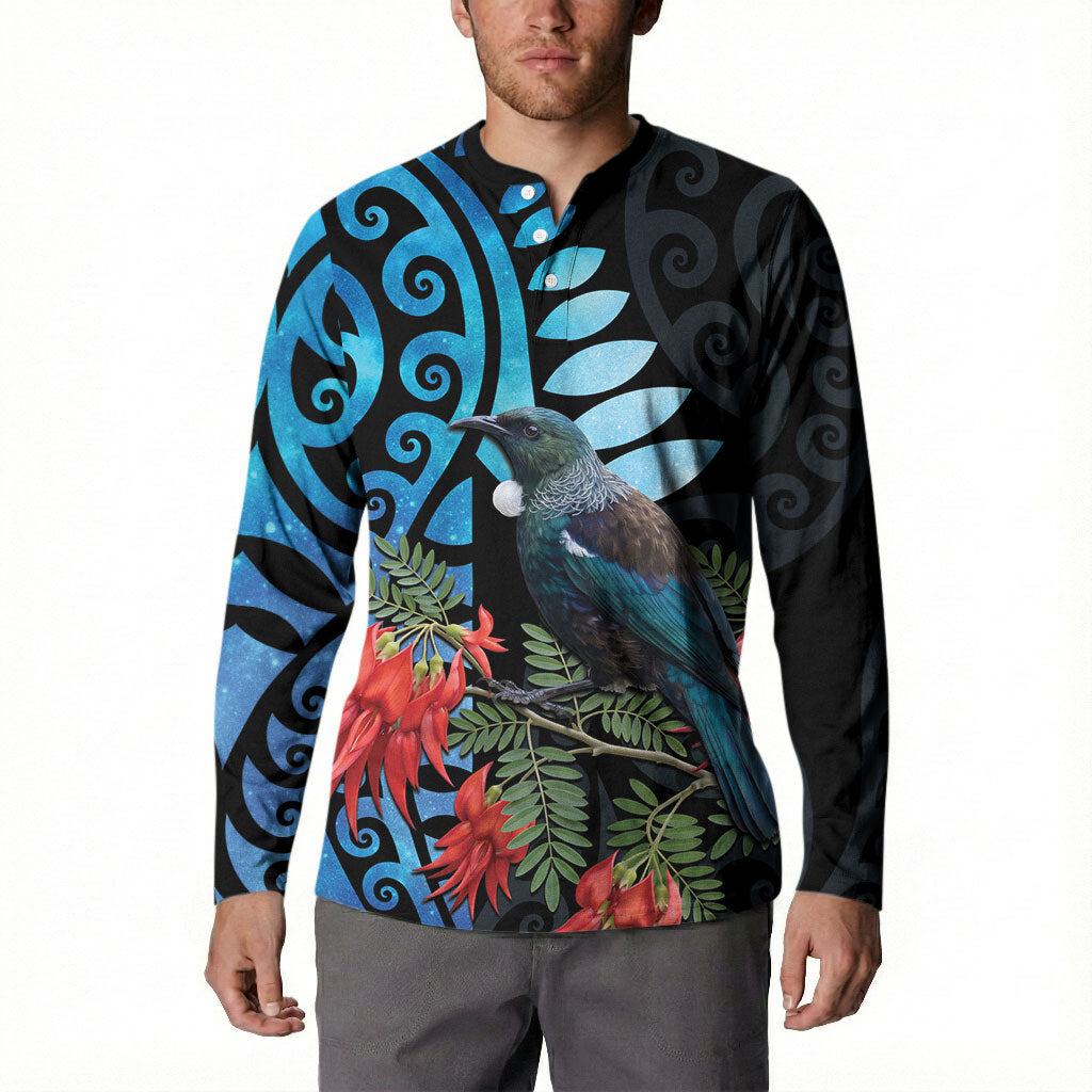 Tui Bird Kakabeak New Zealand Button Sweatshirt Clianthus Galaxy Maori Koru Pattern LT22 - Polynesian Pride