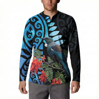 Tui Bird Kakabeak New Zealand Button Sweatshirt Clianthus Galaxy Maori Koru Pattern LT22 - Polynesian Pride