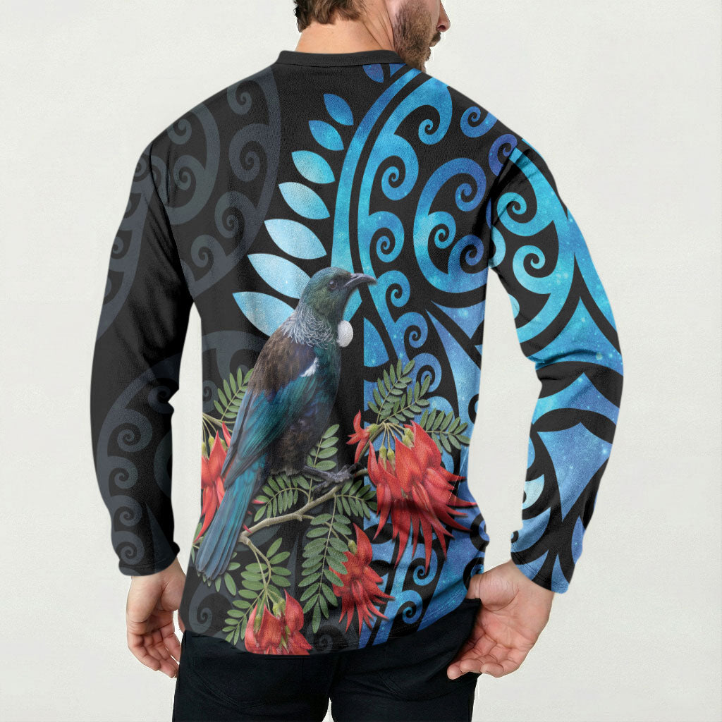 Tui Bird Kakabeak New Zealand Button Sweatshirt Clianthus Galaxy Maori Koru Pattern LT22 - Polynesian Pride