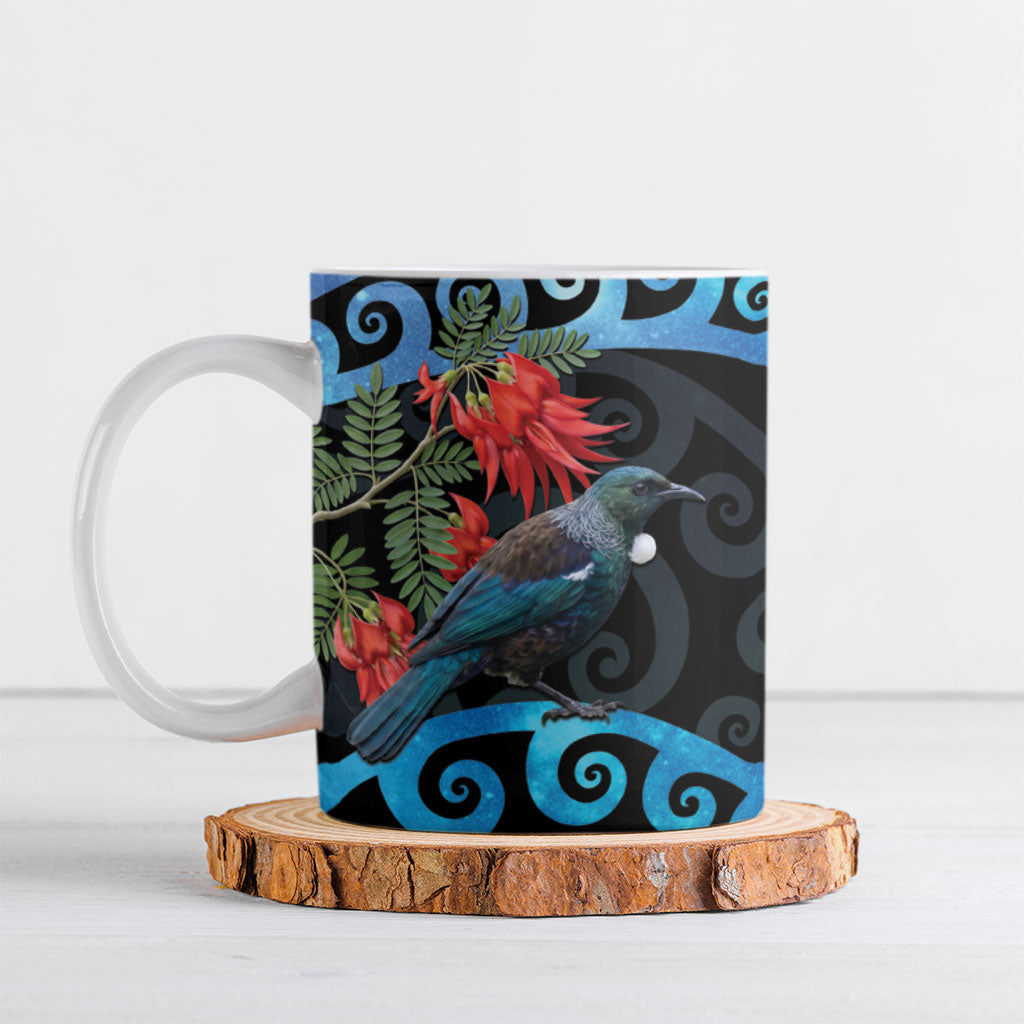 Tui Bird Kakabeak New Zealand Ceramic Mug Clianthus Galaxy Maori Koru Pattern LT22 Blue - Polynesian Pride