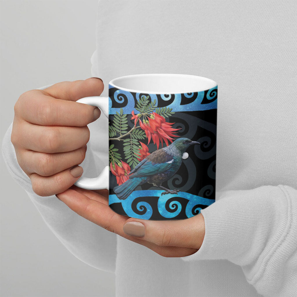 Tui Bird Kakabeak New Zealand Ceramic Mug Clianthus Galaxy Maori Koru Pattern