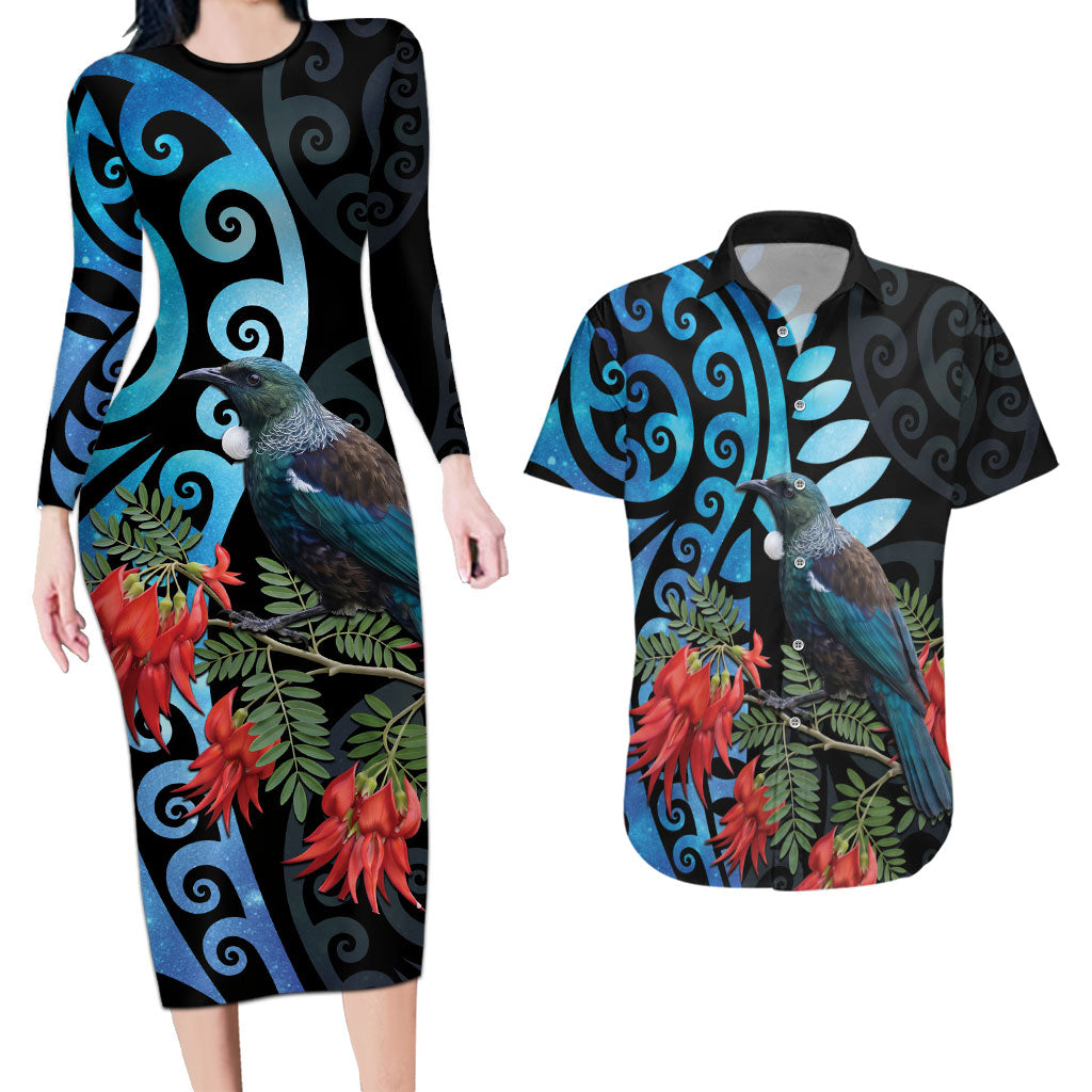 Tui Bird Kakabeak New Zealand Couples Matching Long Sleeve Bodycon Dress and Hawaiian Shirt Clianthus Galaxy Maori Koru Pattern