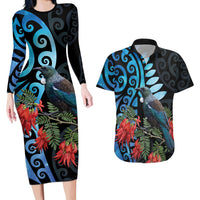 Tui Bird Kakabeak New Zealand Couples Matching Long Sleeve Bodycon Dress and Hawaiian Shirt Clianthus Galaxy Maori Koru Pattern