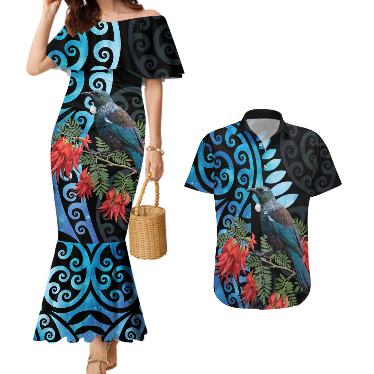 Tui Bird Kakabeak New Zealand Couples Matching Mermaid Dress and Hawaiian Shirt Clianthus Galaxy Maori Koru Pattern LT22 Blue - Polynesian Pride