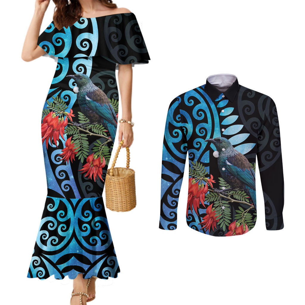 Tui Bird Kakabeak New Zealand Couples Matching Mermaid Dress and Long Sleeve Button Shirt Clianthus Galaxy Maori Koru Pattern LT22 Blue - Polynesian Pride