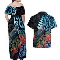 Tui Bird Kakabeak New Zealand Couples Matching Off Shoulder Maxi Dress and Hawaiian Shirt Clianthus Galaxy Maori Koru Pattern