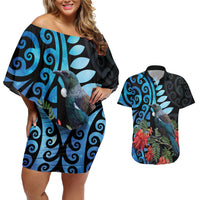 Tui Bird Kakabeak New Zealand Couples Matching Off Shoulder Short Dress and Hawaiian Shirt Clianthus Galaxy Maori Koru Pattern