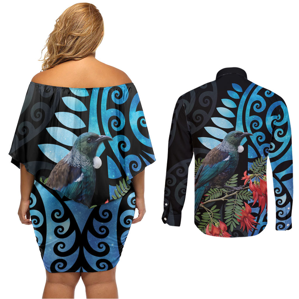 Tui Bird Kakabeak New Zealand Couples Matching Off Shoulder Short Dress and Long Sleeve Button Shirt Clianthus Galaxy Maori Koru Pattern