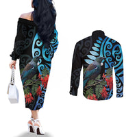 Tui Bird Kakabeak New Zealand Couples Matching Off The Shoulder Long Sleeve Dress and Long Sleeve Button Shirt Clianthus Galaxy Maori Koru Pattern
