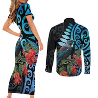 Tui Bird Kakabeak New Zealand Couples Matching Short Sleeve Bodycon Dress and Long Sleeve Button Shirt Clianthus Galaxy Maori Koru Pattern