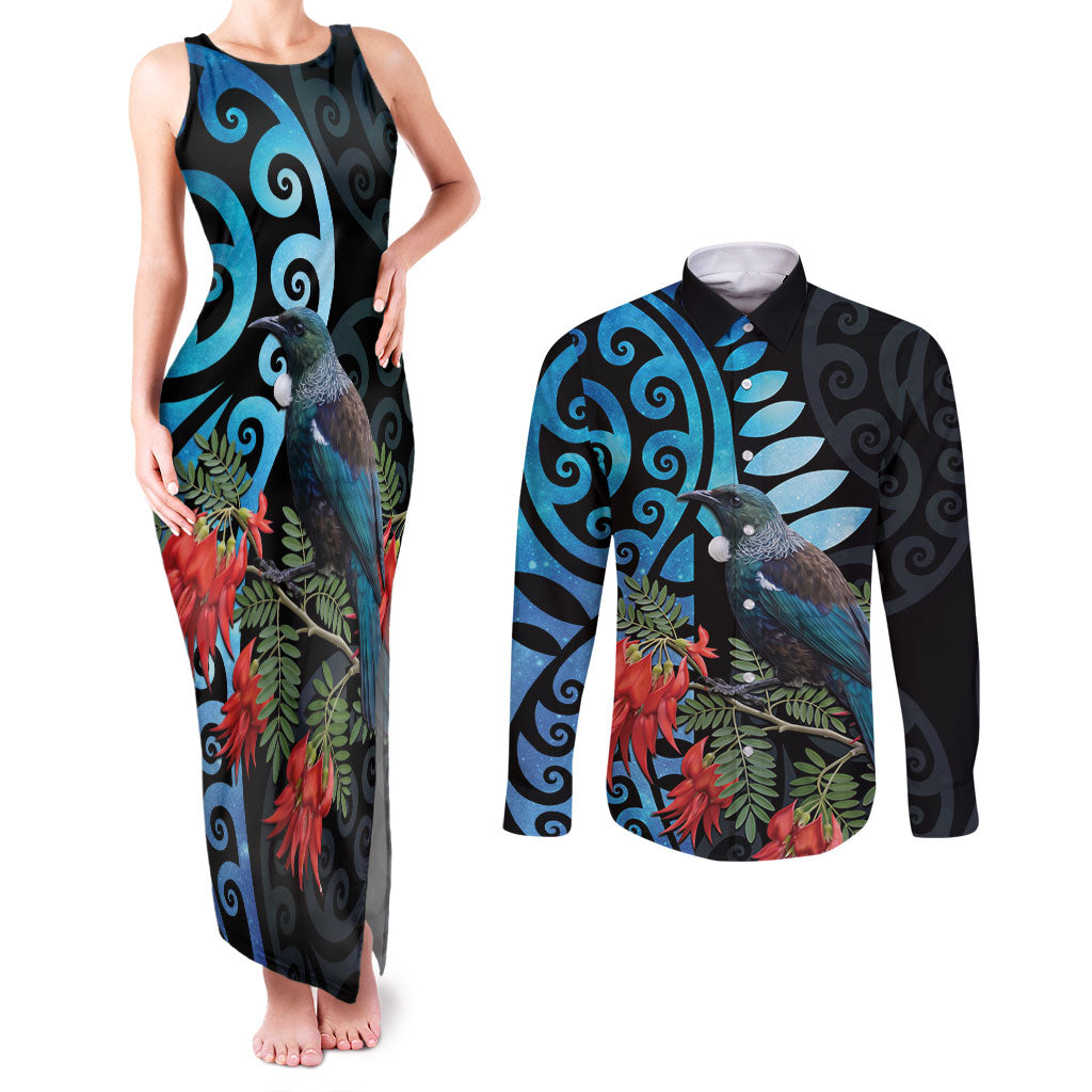 Tui Bird Kakabeak New Zealand Couples Matching Tank Maxi Dress and Long Sleeve Button Shirt Clianthus Galaxy Maori Koru Pattern LT22 Blue - Polynesian Pride