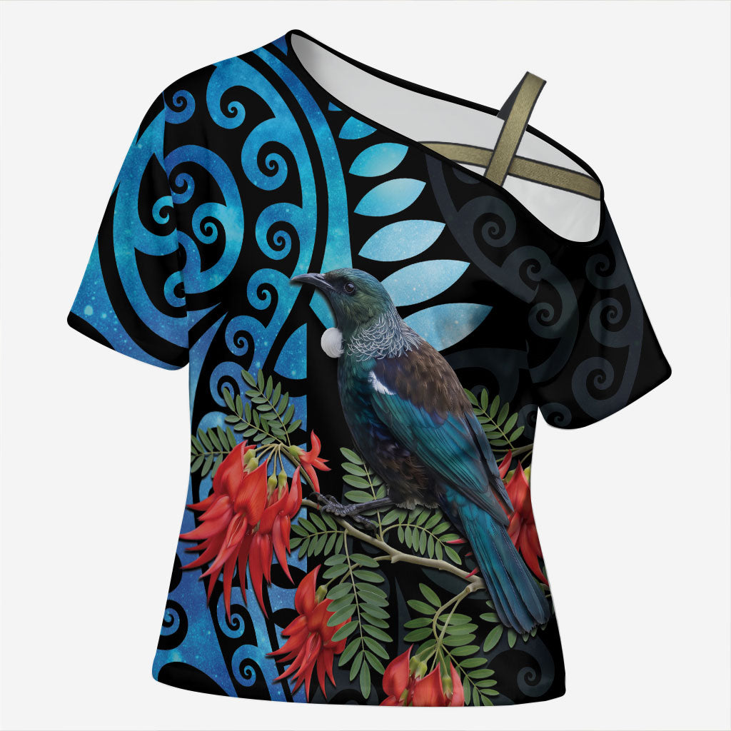 Tui Bird Kakabeak New Zealand Cross Shoulder Shirt Clianthus Galaxy Maori Koru Pattern LT22 Female Blue - Polynesian Pride