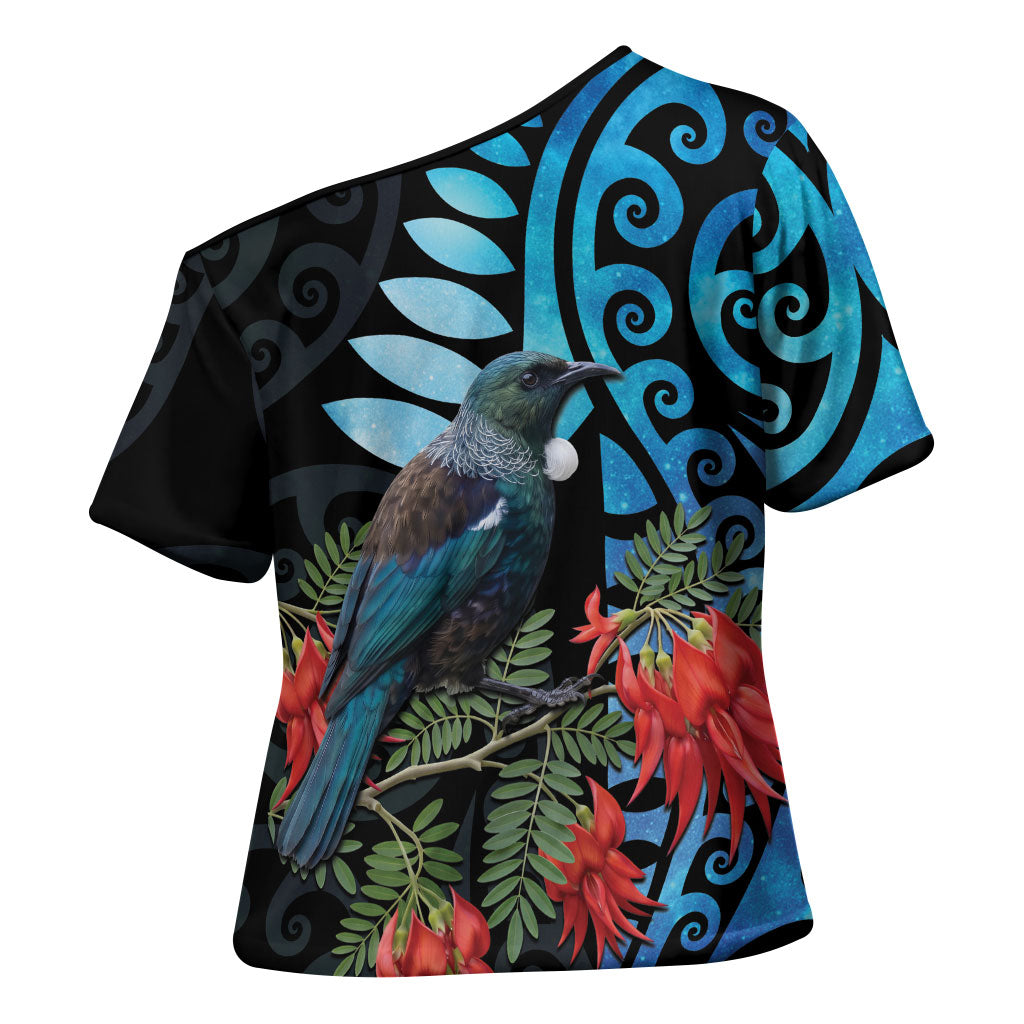 Tui Bird Kakabeak New Zealand Cross Shoulder Shirt Clianthus Galaxy Maori Koru Pattern LT22 - Polynesian Pride