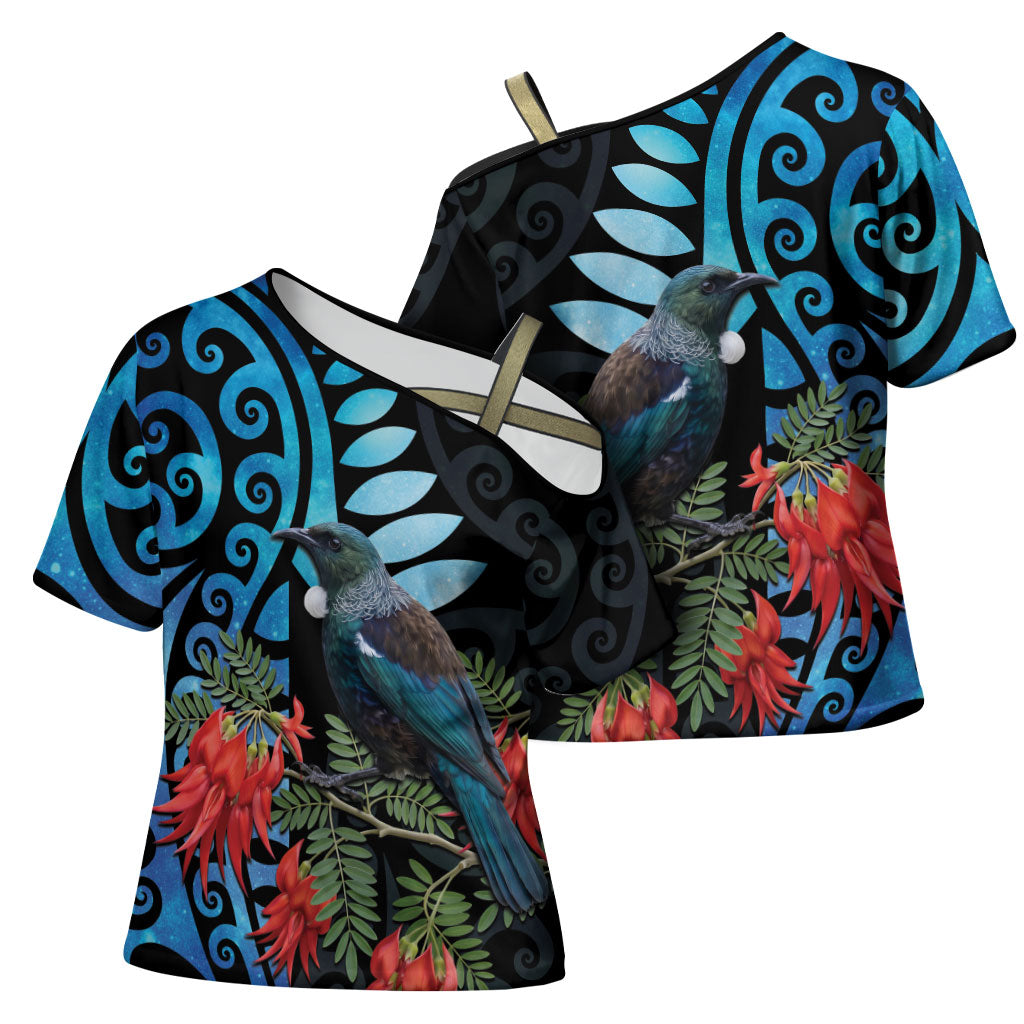 Tui Bird Kakabeak New Zealand Cross Shoulder Shirt Clianthus Galaxy Maori Koru Pattern LT22 - Polynesian Pride