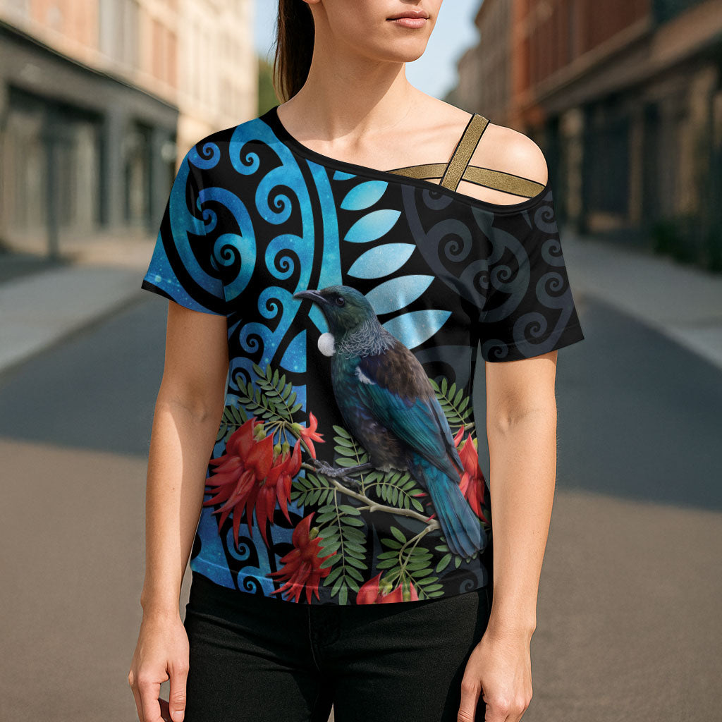Tui Bird Kakabeak New Zealand Cross Shoulder Shirt Clianthus Galaxy Maori Koru Pattern LT22 - Polynesian Pride