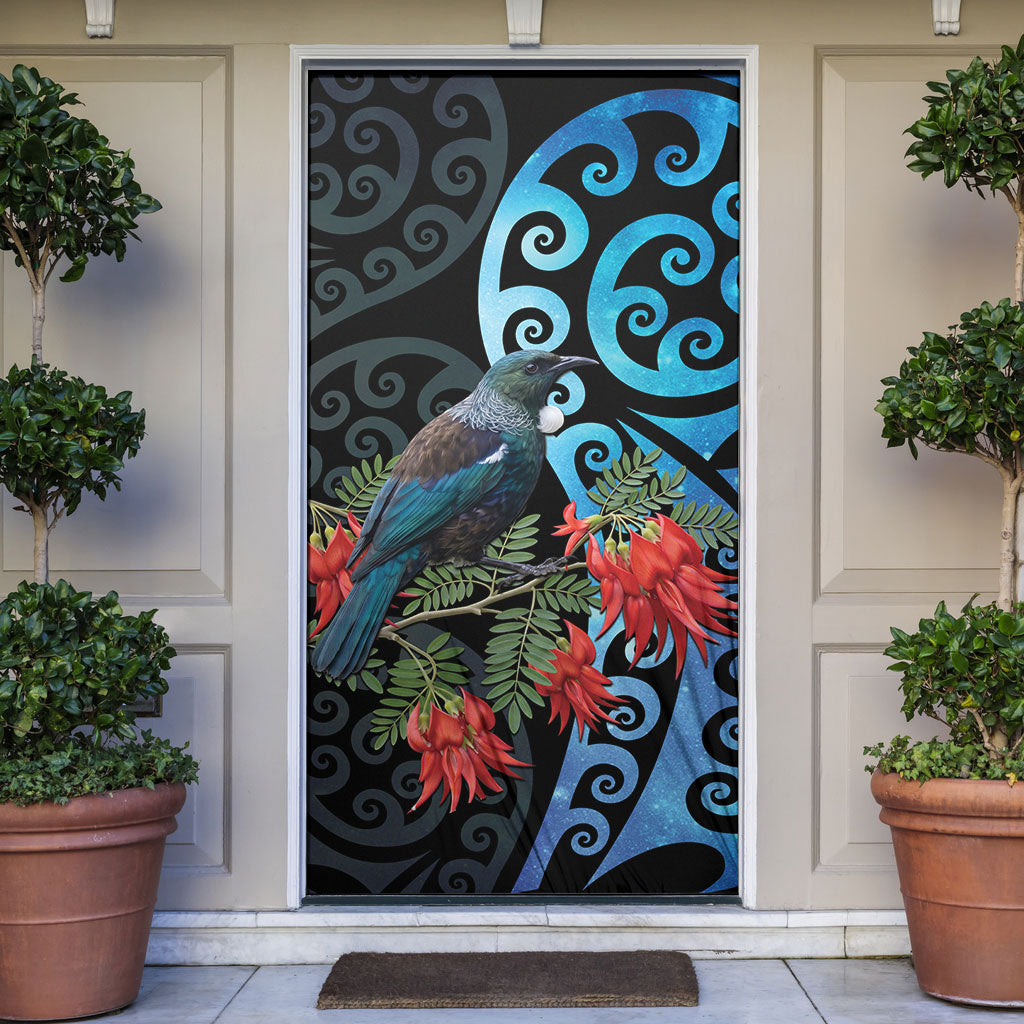 Tui Bird Kakabeak New Zealand Door Cover Clianthus Galaxy Maori Koru Pattern LT22 Blue - Polynesian Pride