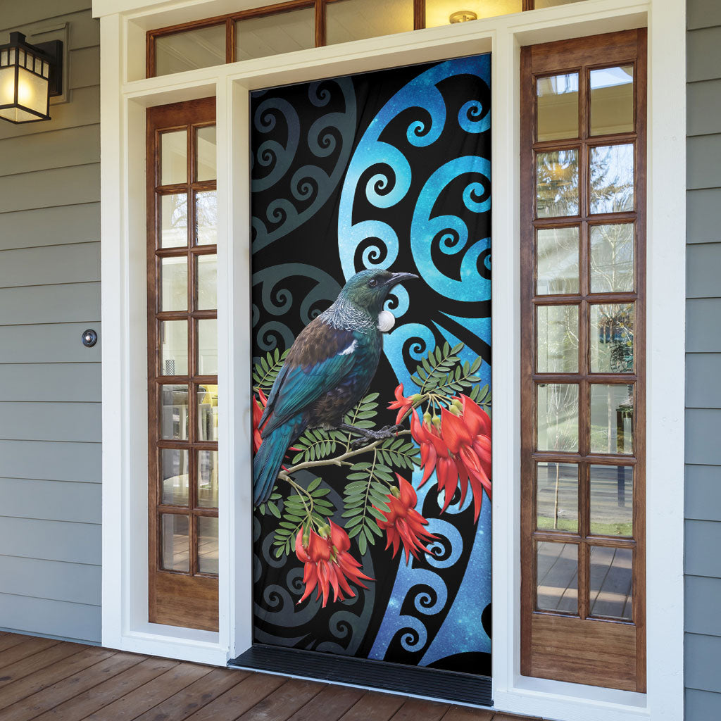 Tui Bird Kakabeak New Zealand Door Cover Clianthus Galaxy Maori Koru Pattern LT22 - Polynesian Pride
