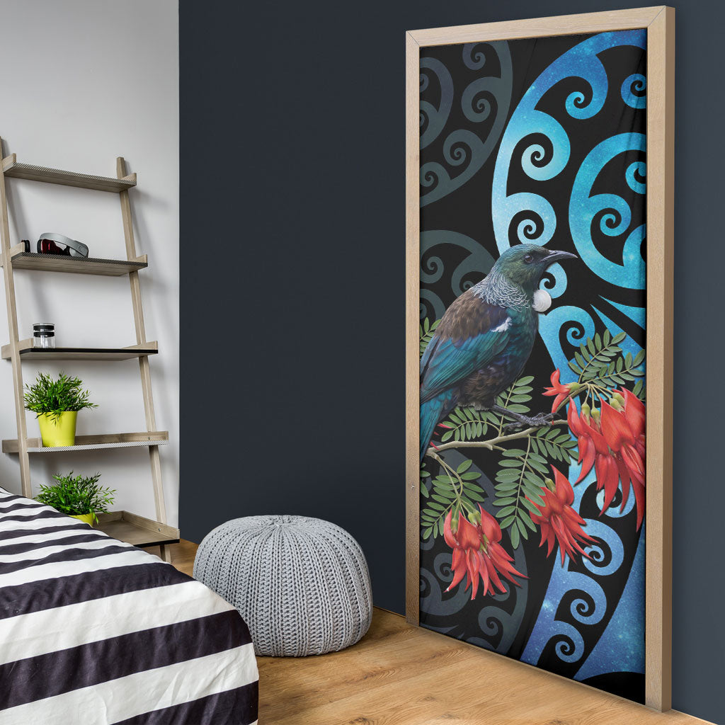 Tui Bird Kakabeak New Zealand Door Cover Clianthus Galaxy Maori Koru Pattern LT22 - Polynesian Pride