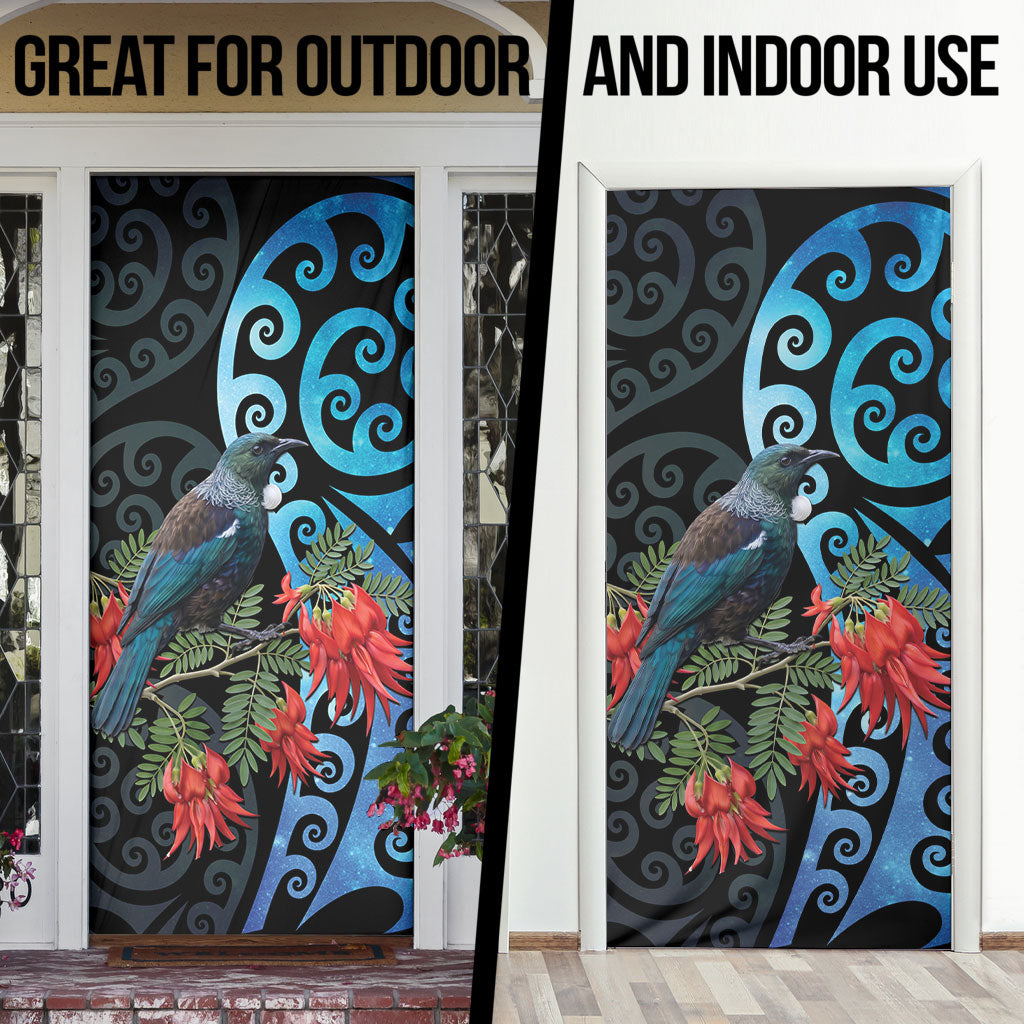 Tui Bird Kakabeak New Zealand Door Cover Clianthus Galaxy Maori Koru Pattern LT22 - Polynesian Pride