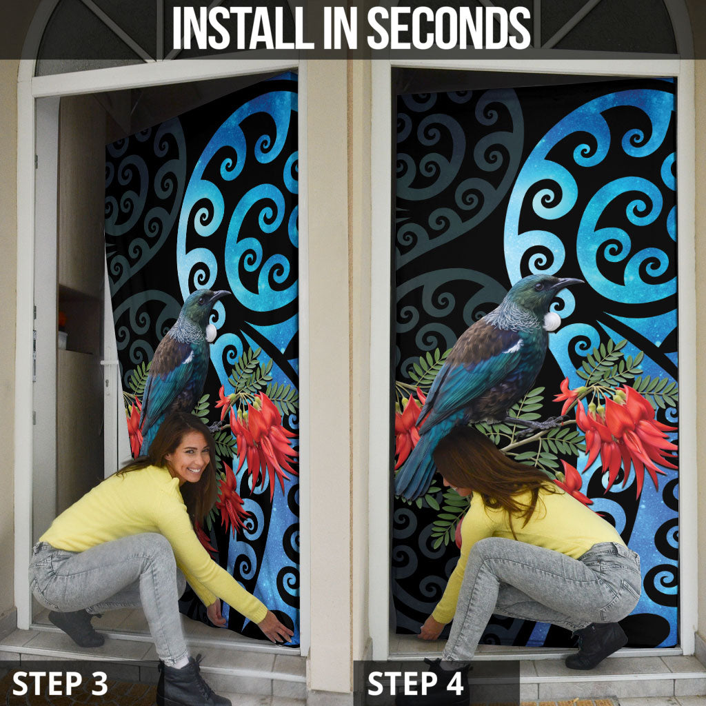 Tui Bird Kakabeak New Zealand Door Cover Clianthus Galaxy Maori Koru Pattern LT22 - Polynesian Pride