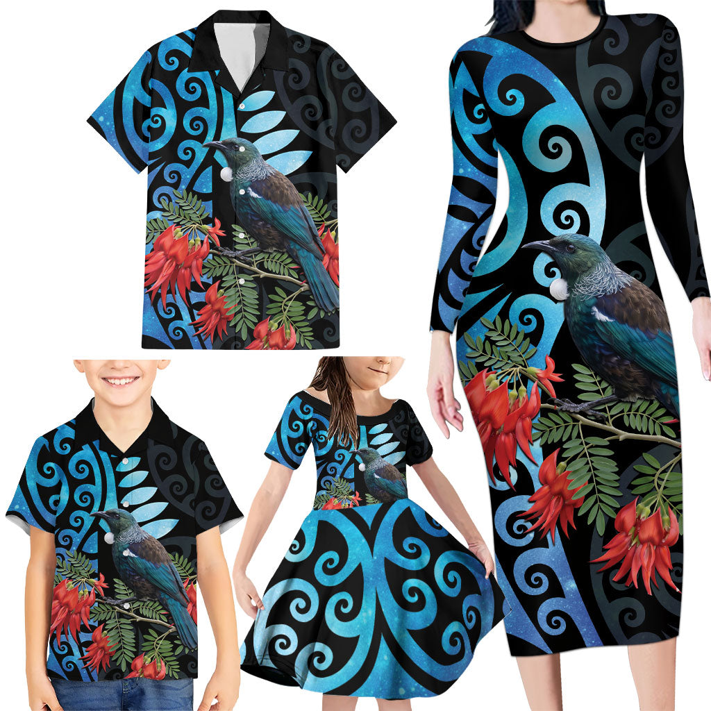 Tui Bird Kakabeak New Zealand Family Matching Long Sleeve Bodycon Dress and Hawaiian Shirt Clianthus Galaxy Maori Koru Pattern LT22 - Polynesian Pride