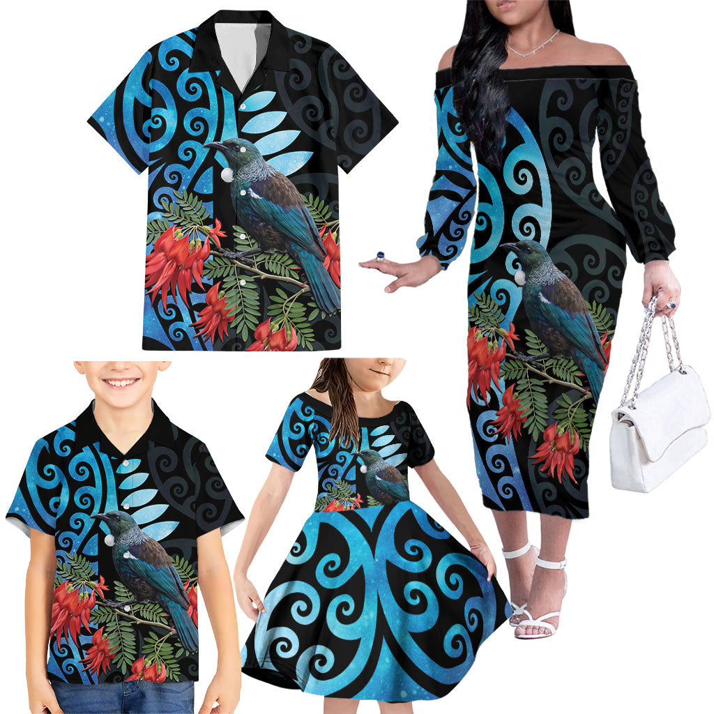 Tui Bird Kakabeak New Zealand Family Matching Off The Shoulder Long Sleeve Dress and Hawaiian Shirt Clianthus Galaxy Maori Koru Pattern LT22 - Polynesian Pride