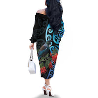 Tui Bird Kakabeak New Zealand Family Matching Off The Shoulder Long Sleeve Dress and Hawaiian Shirt Clianthus Galaxy Maori Koru Pattern