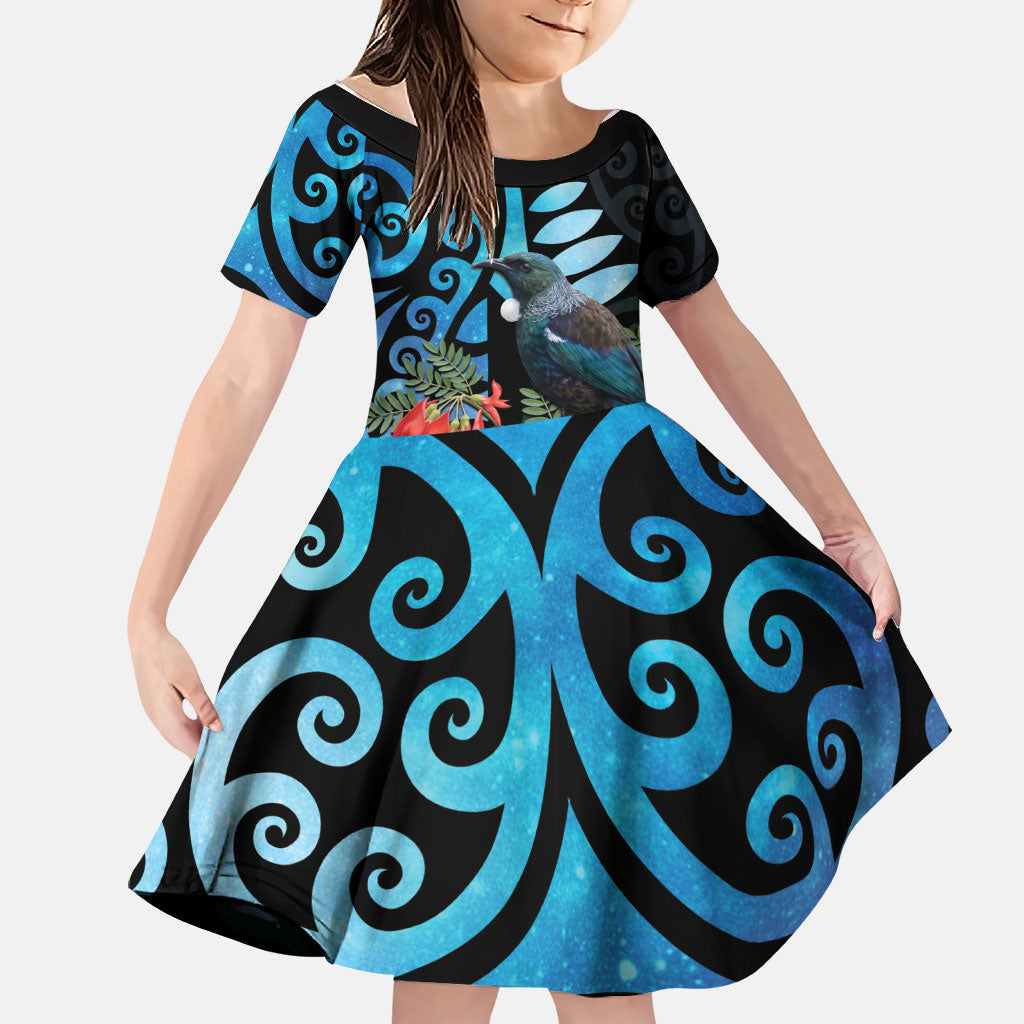 Tui Bird Kakabeak New Zealand Family Matching Off Shoulder Maxi Dress and Hawaiian Shirt Clianthus Galaxy Maori Koru Pattern