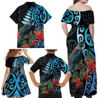 Tui Bird Kakabeak New Zealand Family Matching Off Shoulder Maxi Dress and Hawaiian Shirt Clianthus Galaxy Maori Koru Pattern