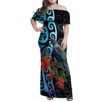 Tui Bird Kakabeak New Zealand Family Matching Off Shoulder Maxi Dress and Hawaiian Shirt Clianthus Galaxy Maori Koru Pattern