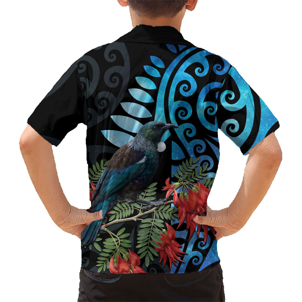 Tui Bird Kakabeak New Zealand Family Matching Off Shoulder Short Dress and Hawaiian Shirt Clianthus Galaxy Maori Koru Pattern