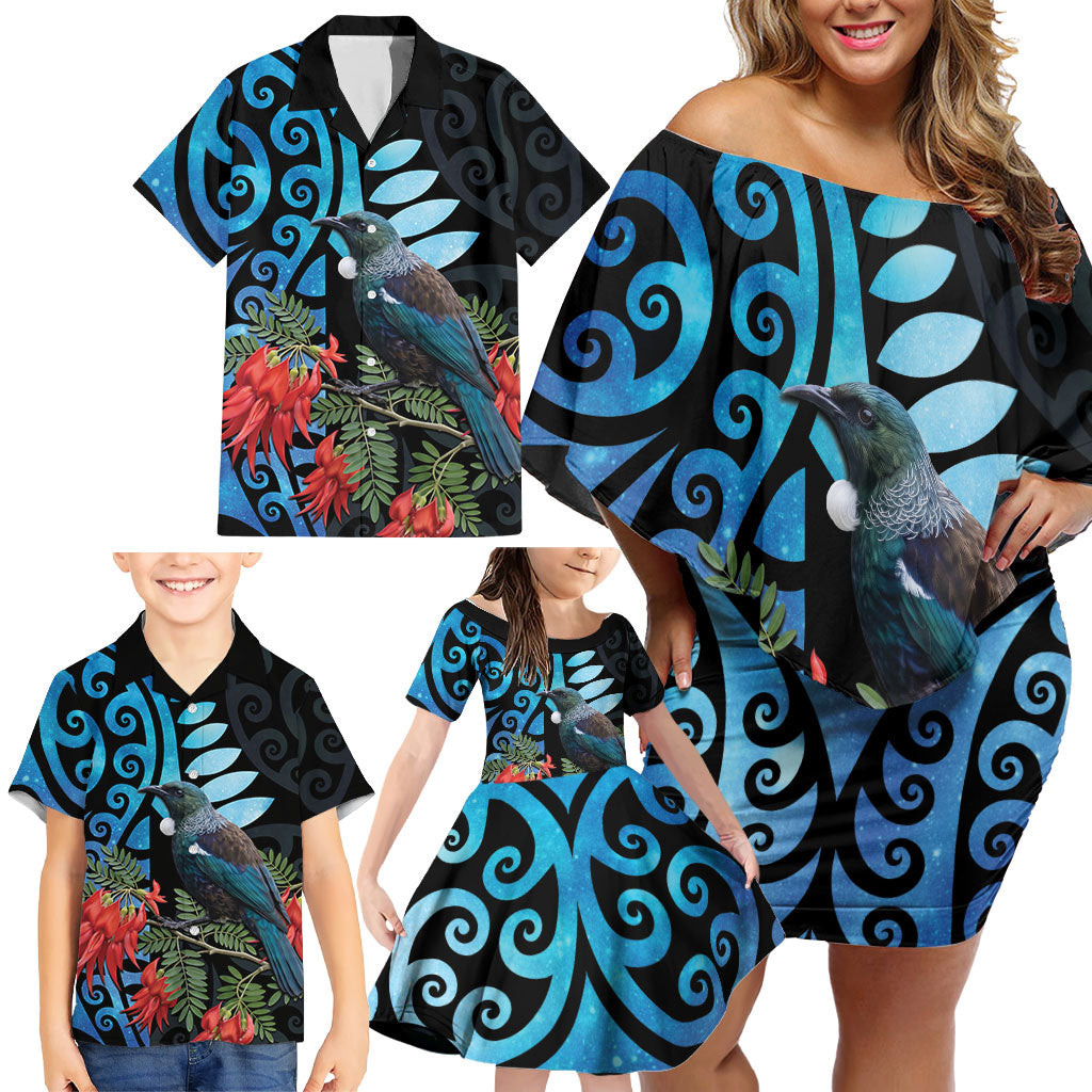 Tui Bird Kakabeak New Zealand Family Matching Off Shoulder Short Dress and Hawaiian Shirt Clianthus Galaxy Maori Koru Pattern