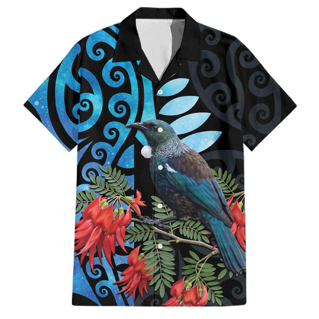 Tui Bird Kakabeak New Zealand Family Matching Off Shoulder Short Dress and Hawaiian Shirt Clianthus Galaxy Maori Koru Pattern