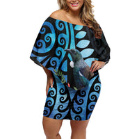 Tui Bird Kakabeak New Zealand Family Matching Off Shoulder Short Dress and Hawaiian Shirt Clianthus Galaxy Maori Koru Pattern