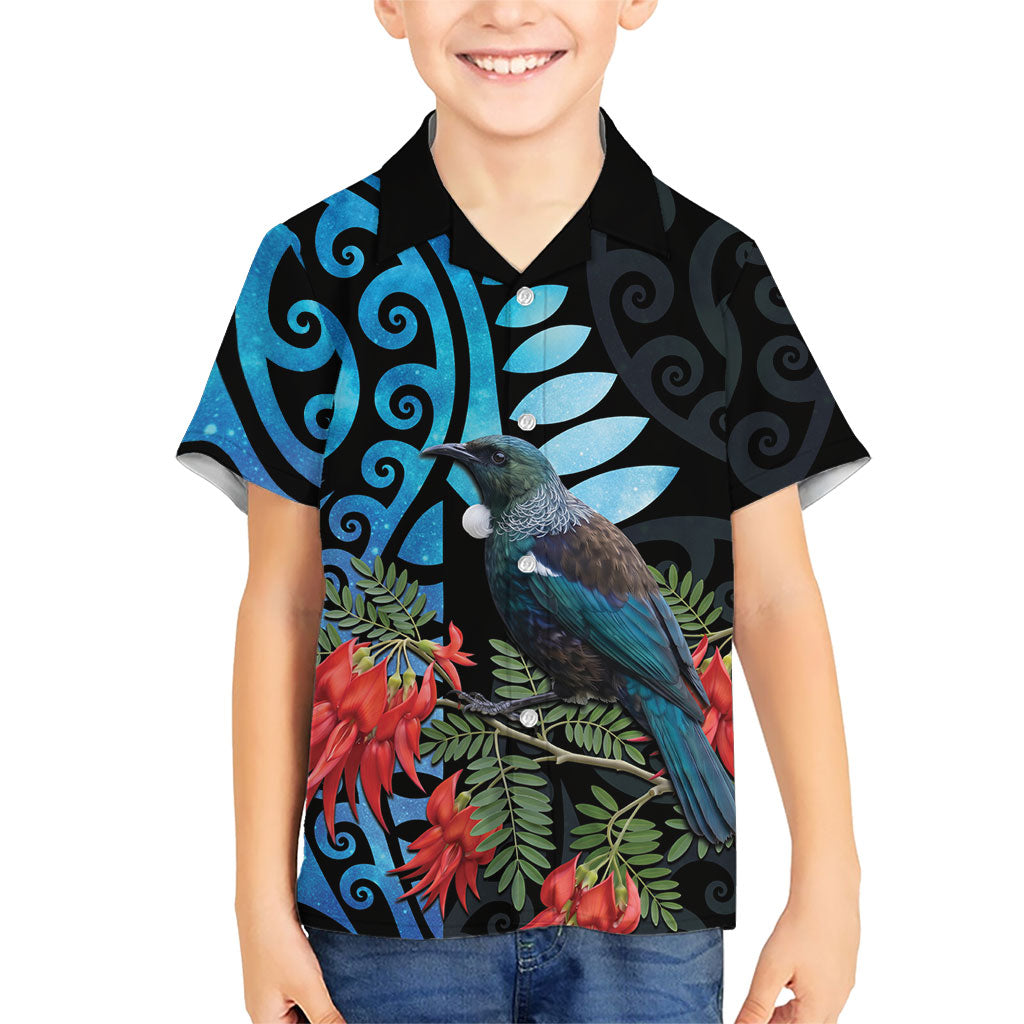 Tui Bird Kakabeak New Zealand Family Matching Puletasi and Hawaiian Shirt Clianthus Galaxy Maori Koru Pattern