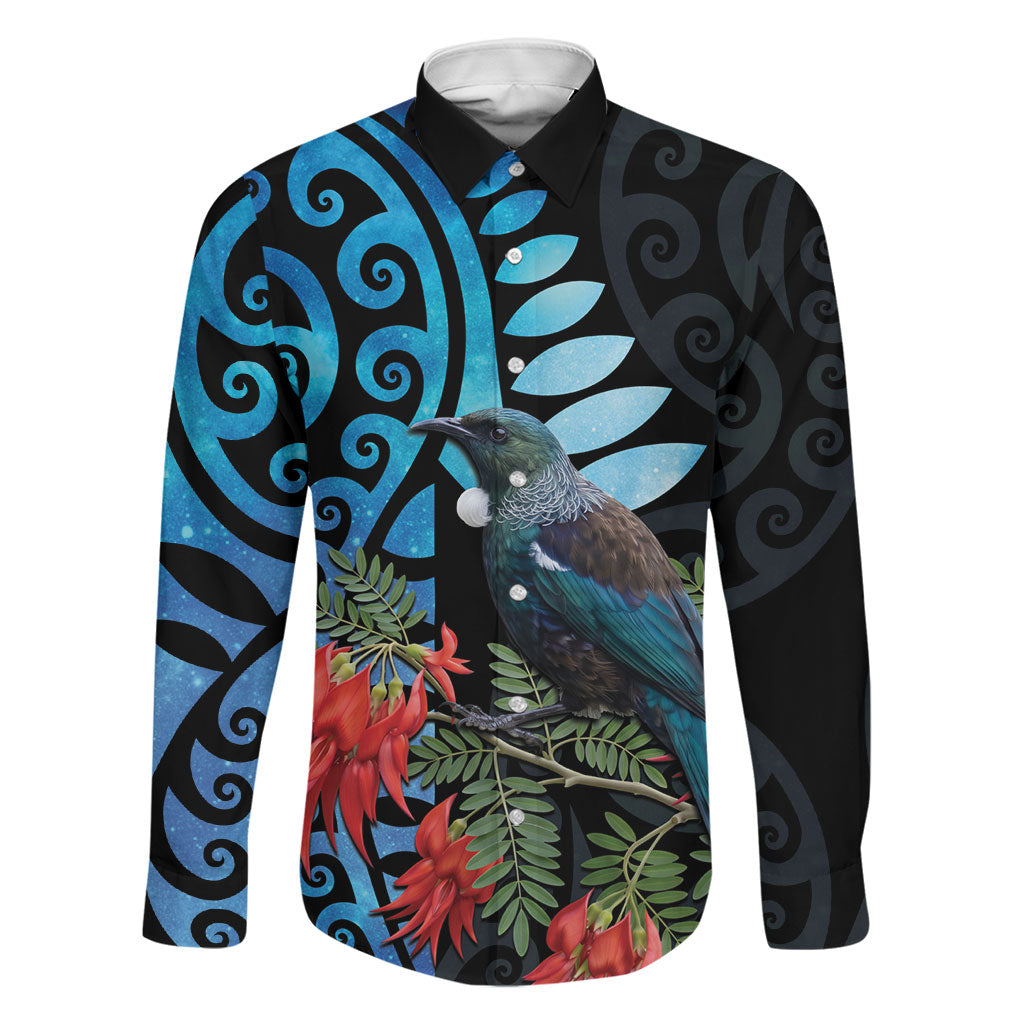 Tui Bird Kakabeak New Zealand Family Matching Short Sleeve Bodycon Dress and Hawaiian Shirt Clianthus Galaxy Maori Koru Pattern