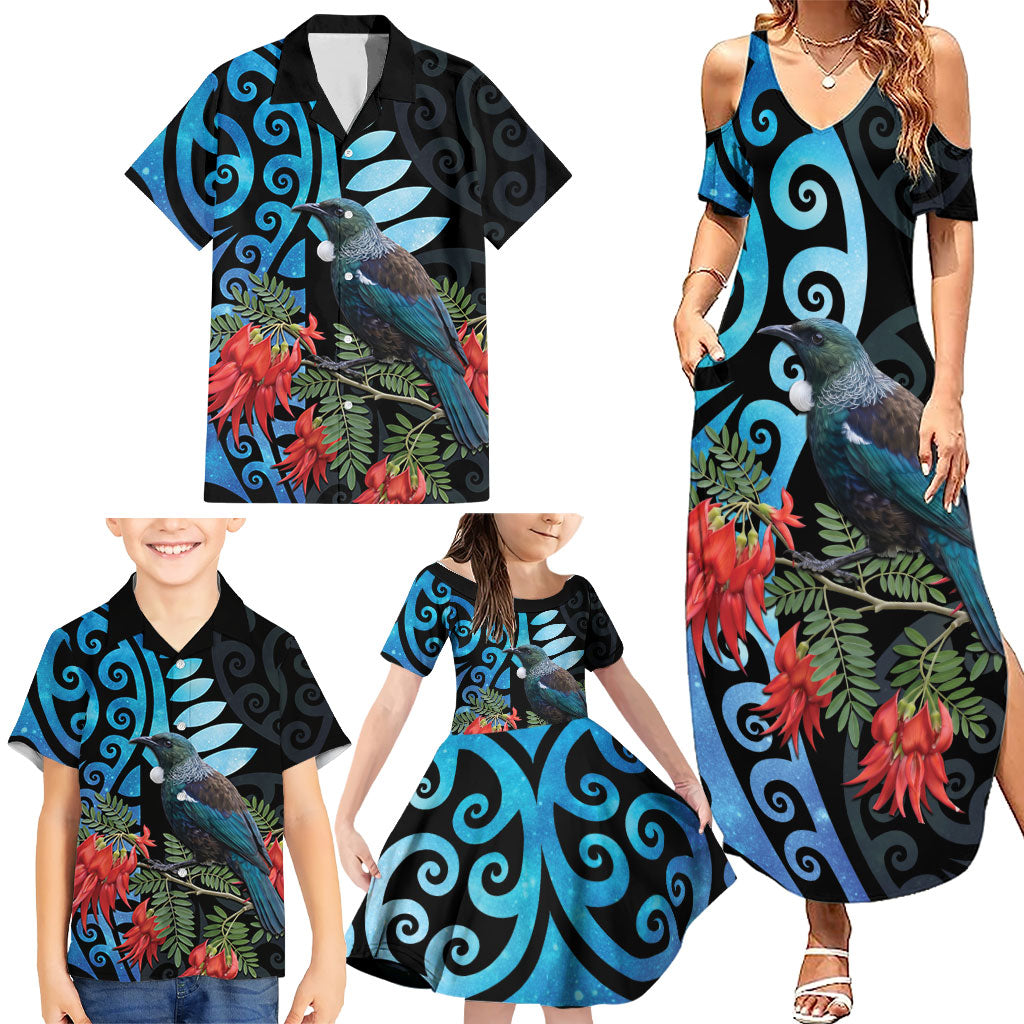 Tui Bird Kakabeak New Zealand Family Matching Summer Maxi Dress and Hawaiian Shirt Clianthus Galaxy Maori Koru Pattern