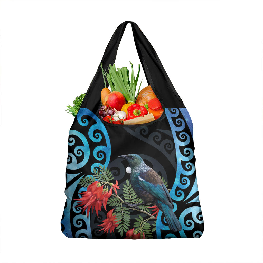 Tui Bird Kakabeak New Zealand Grocery Bag Clianthus Galaxy Maori Koru Pattern LT22 1-pack One Size Blue - Polynesian Pride