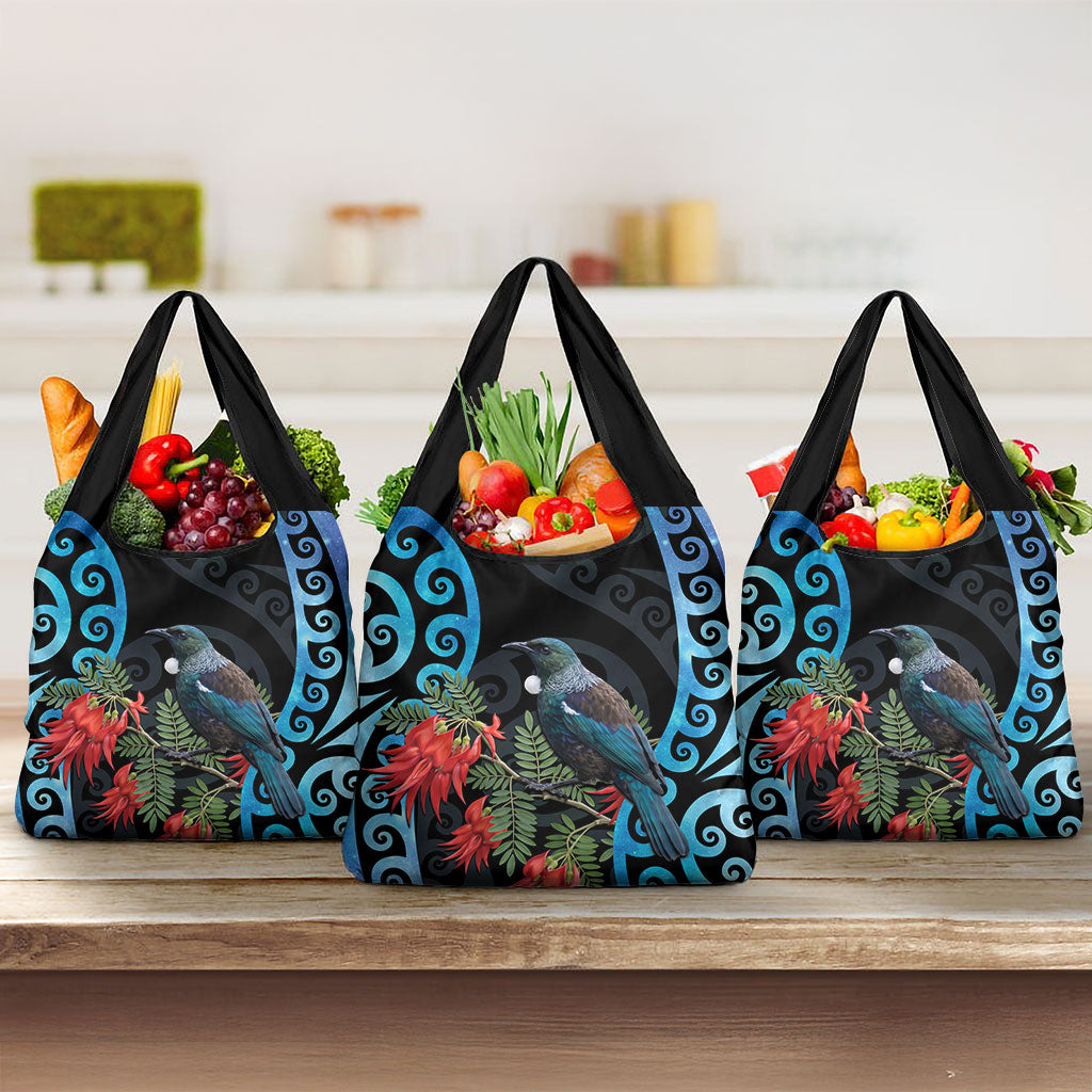 Tui Bird Kakabeak New Zealand Grocery Bag Clianthus Galaxy Maori Koru Pattern LT22 3-pack One Size Blue - Polynesian Pride